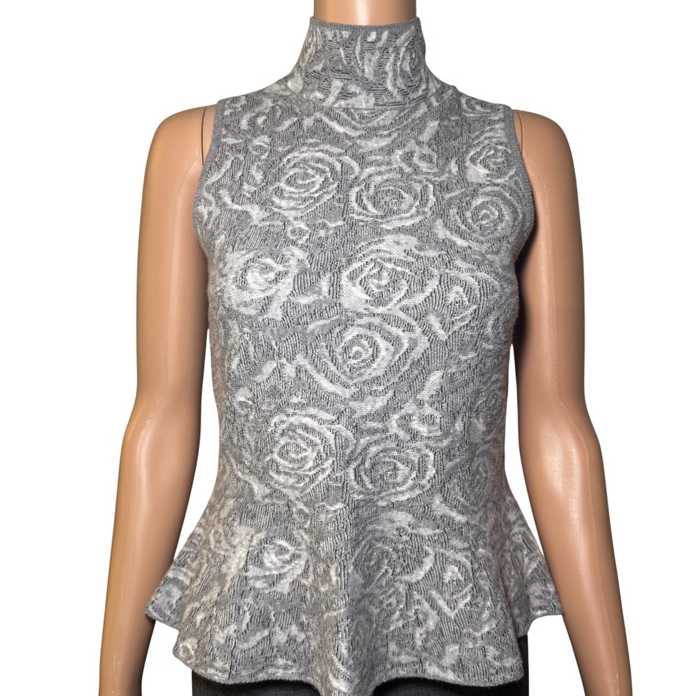 White House Black Market Grey Rose Jacquard Mock Neck Peplum Knit Top WHBM S